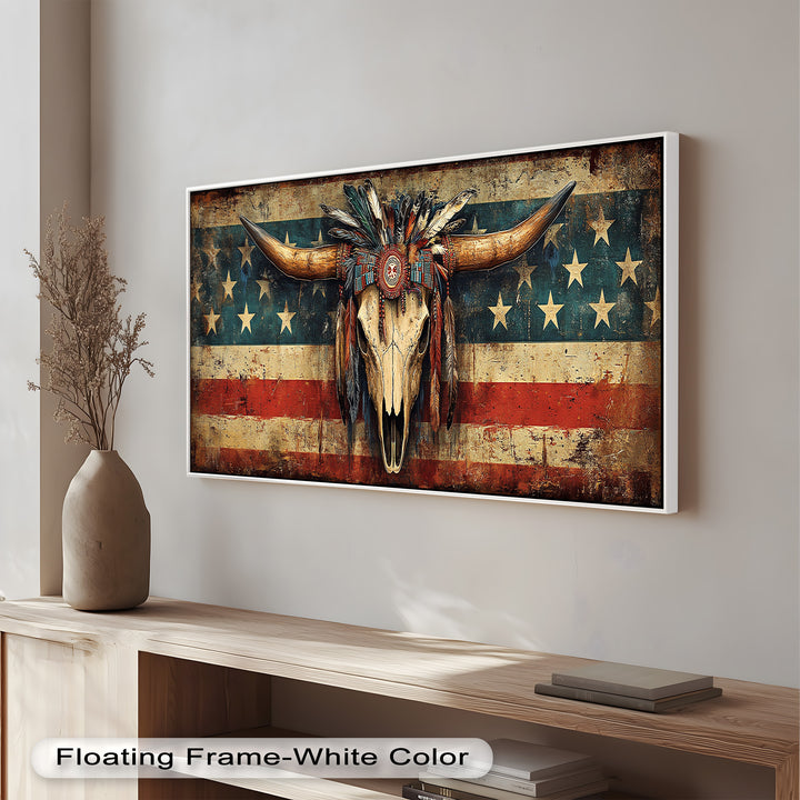 Tribal Longhorn Totenkopf mit Kopfschmuck – Amerikanisches Ölgemälde
