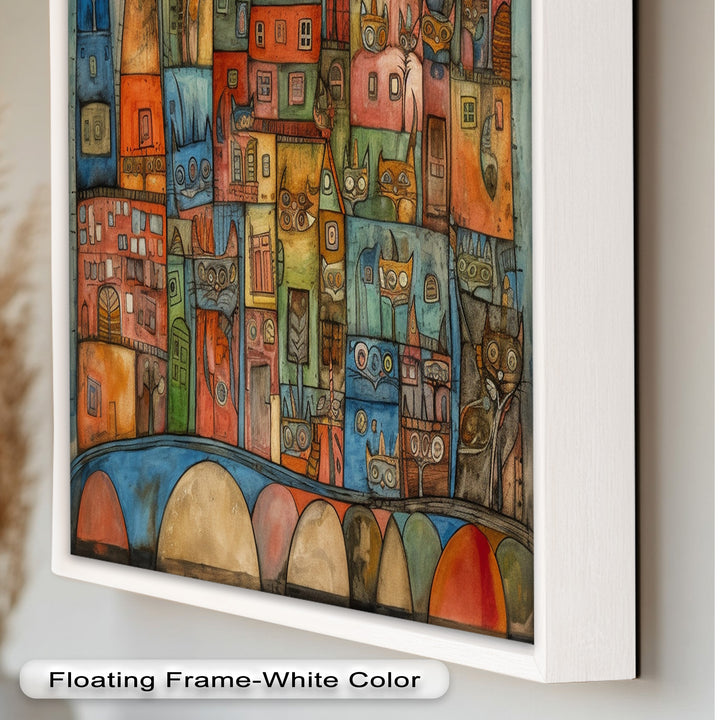 Whimsical Cat Cityscape – Surreal Architecture and Feline Picasso Oil Painting