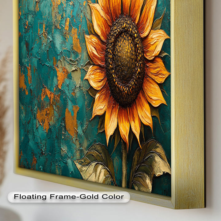Sunflower on Textured Teal - Flower Oil Painting