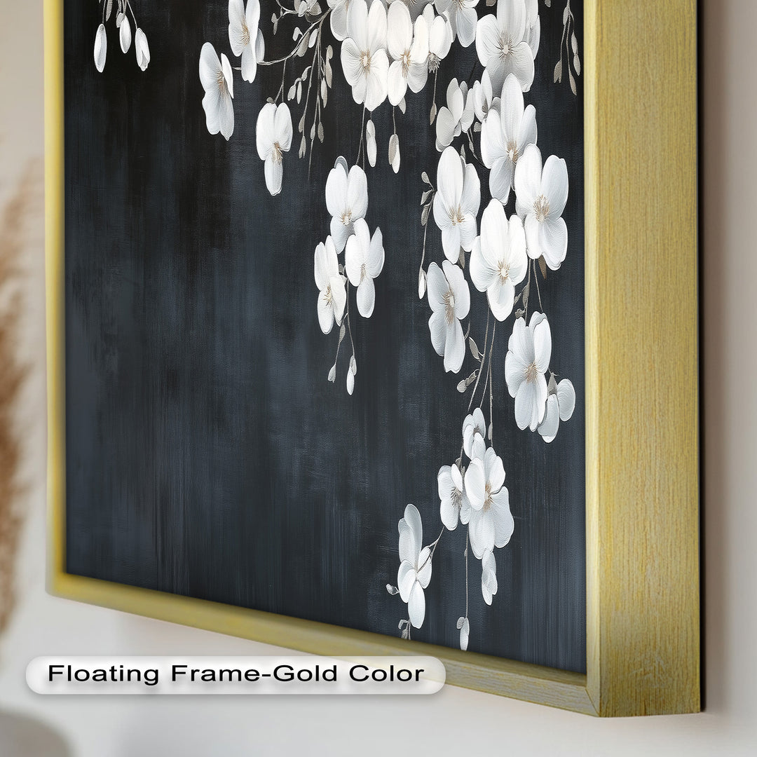 White Cherry Flowers on Midnight Blue - Flower Oil Painting