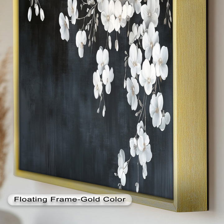 White Cherry Flowers on Midnight Blue - Flower Oil Painting