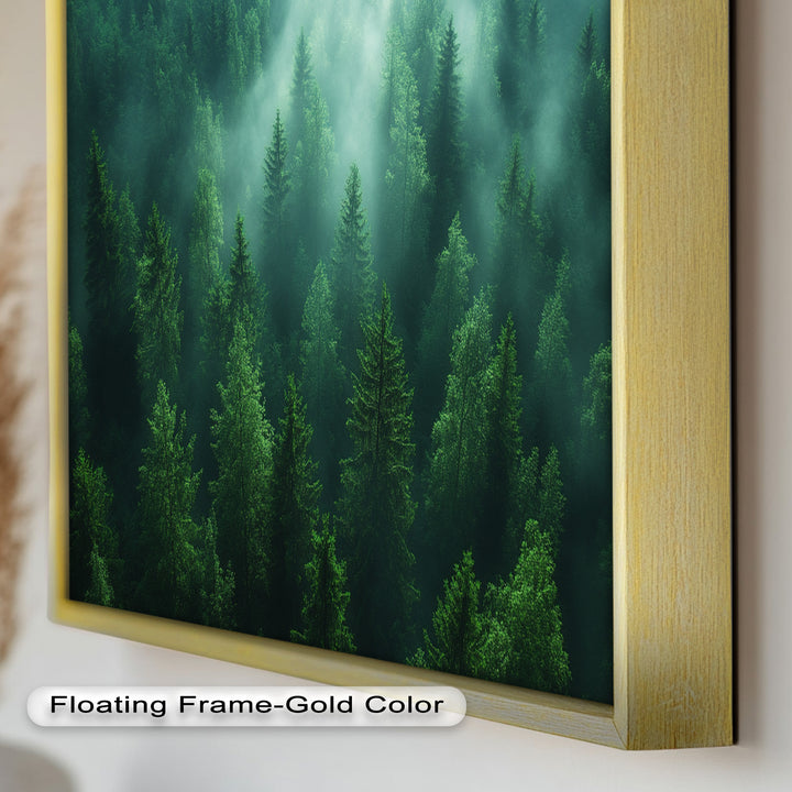 The interplay of light and shadow enhances the depth of this atmospheric forest painting, as soft mist lingers between the trees, creating a dreamlike, enchanted setting.