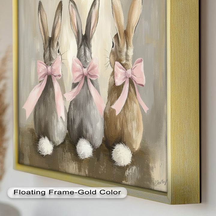 Trio of Bunnies with Pink Bows – Animal Oil Painting