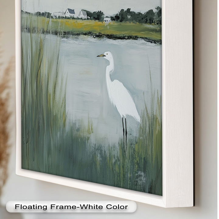 Egret by the Marsh – Minimalist Landscape Oil Painting
