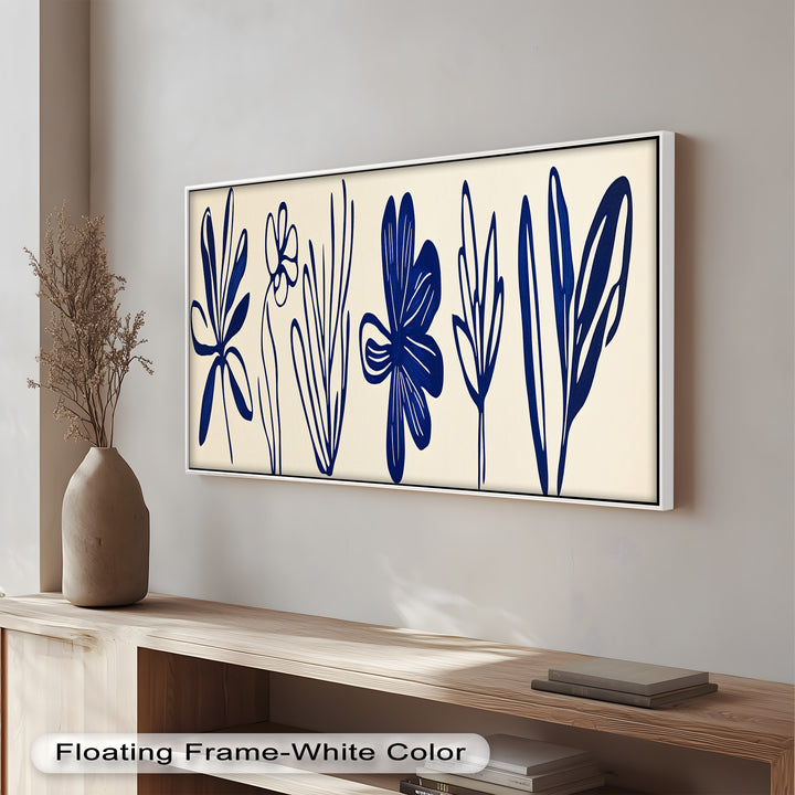 Indigo Bloom Line Art – Minimalistisches florales Ölgemälde