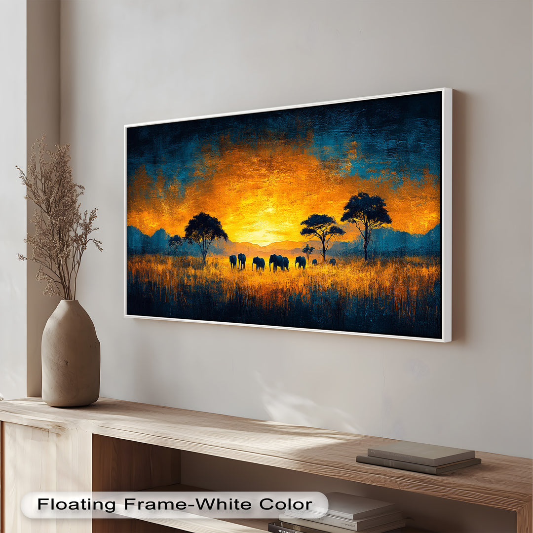 Golden Savannah Sunset – Elephant Silhouette Oil Painting