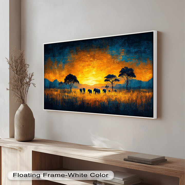 Golden Savannah Sunset – Elephant Silhouette Oil Painting