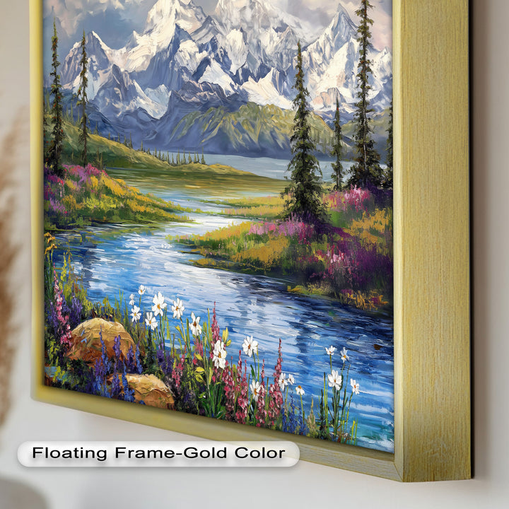 Vintage Mountains & River – Framed Oil Painting