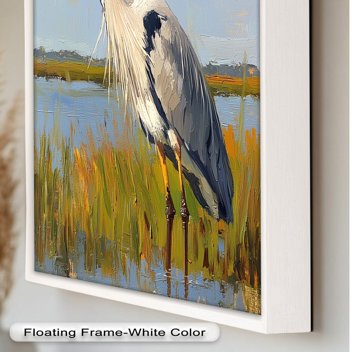 Heron in Sunlit Wetlands – Modern Oil Painting