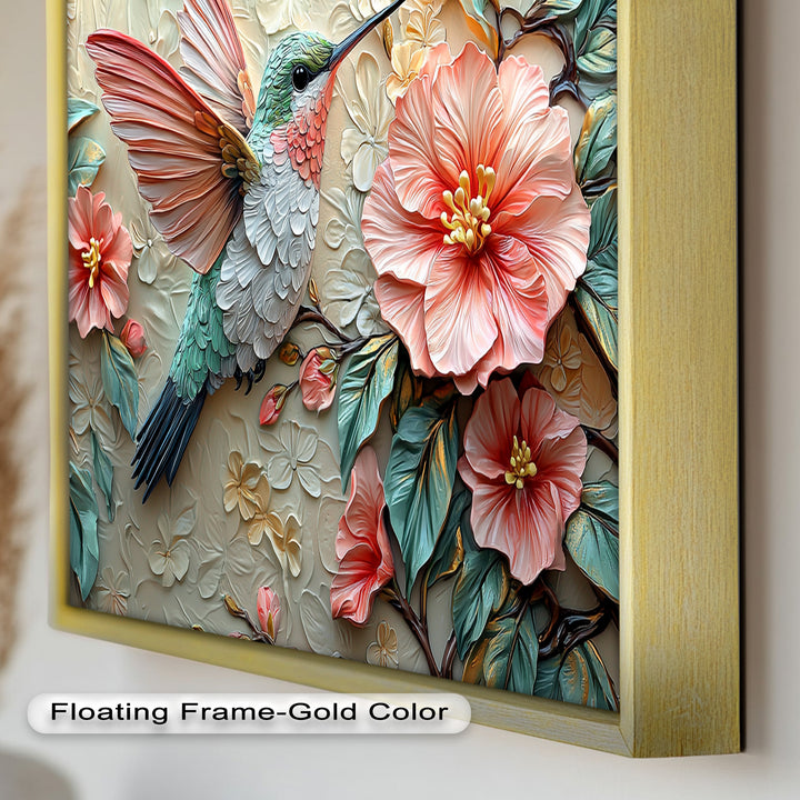 Spring Hummingbird with Pink Flowers – Framed Oil Painting