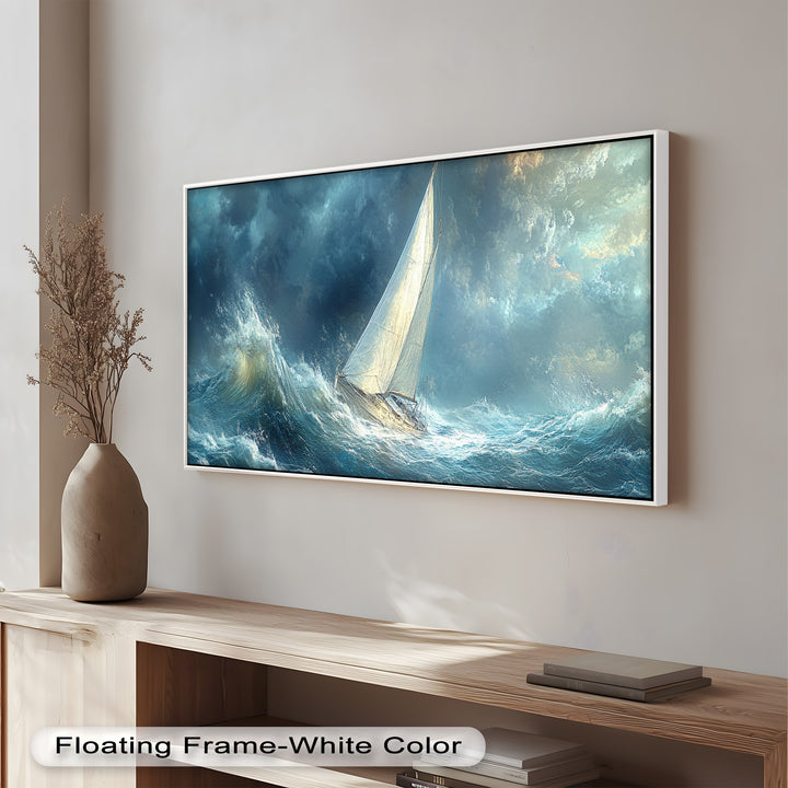 Into the Surge – Sailboat Battling Ocean Waves Oil Painting