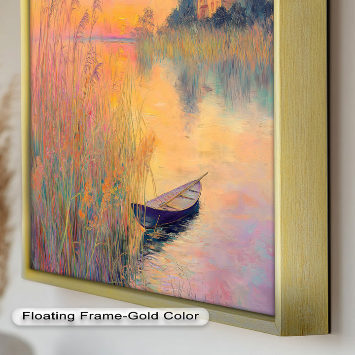 Golden Reeds and Sunset Rowboat – Impressionist Oil Painting