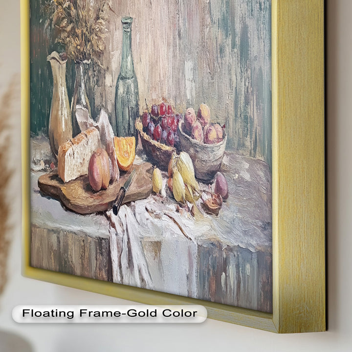 Rustic Fruit & Bread Still Life – Framed Oil Painting
