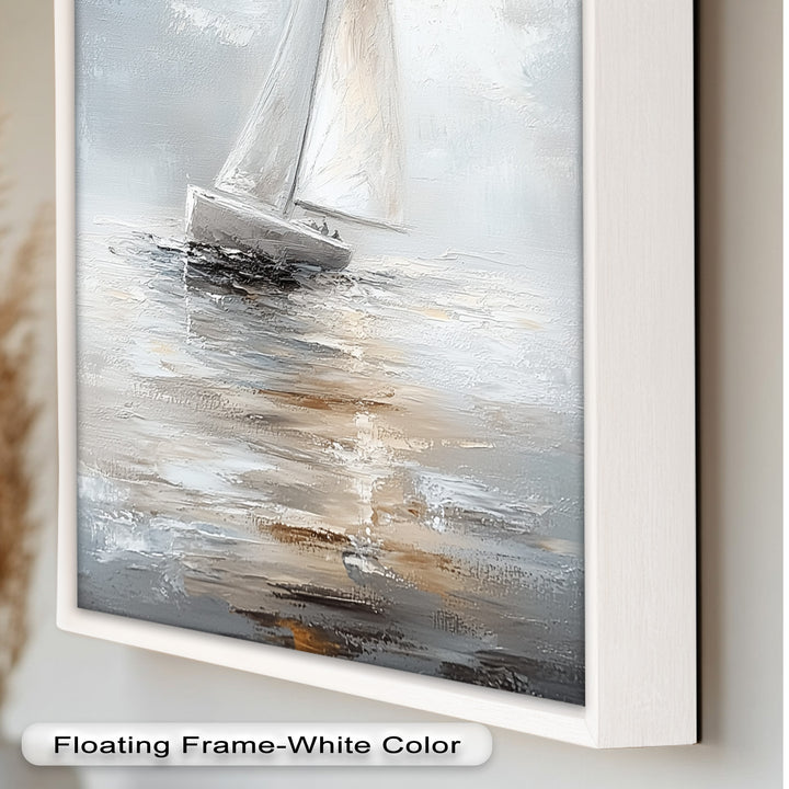 Sailing Through the Mist – White Boat Oil Painting