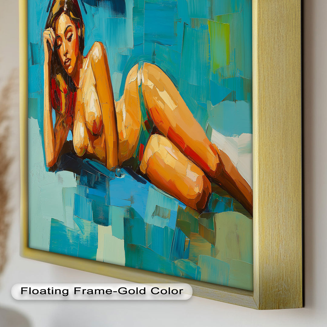 Tropical Repose – Reclining Woman with Ocean Tones Oil Painting