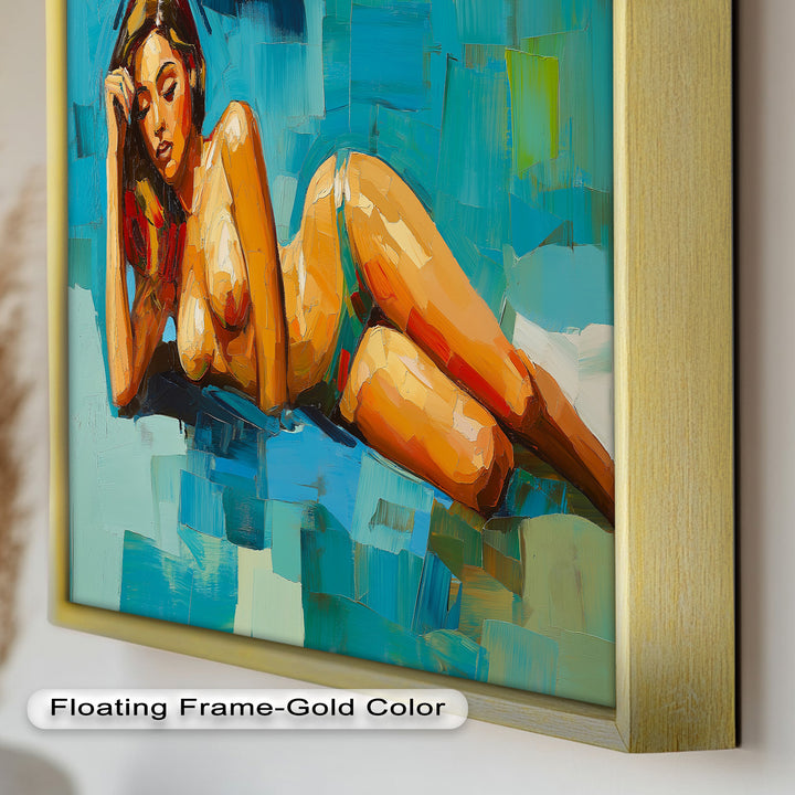Tropical Repose – Reclining Woman with Ocean Tones Oil Painting