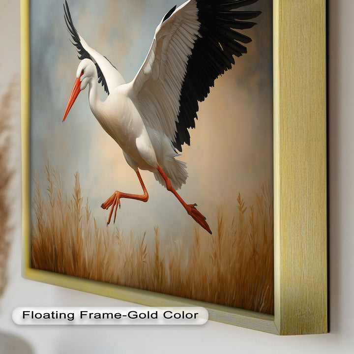 Stork in Flight over Golden Grasses – Animal Oil Painting