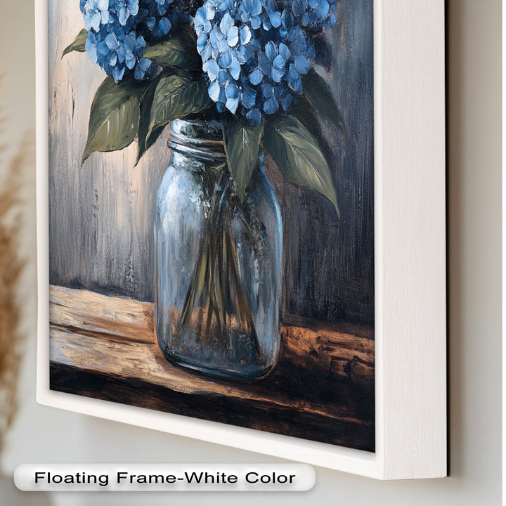 Blaue Gelassenheit – Hortensienblüten im Einmachglas, Blumenölgemälde