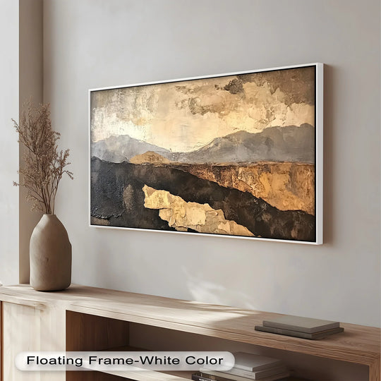 Alternating heavy textures and smooth gradients create visual rhythm in this earth-toned abstract landscape oil painting home decor piece depicting mountains and terrain.