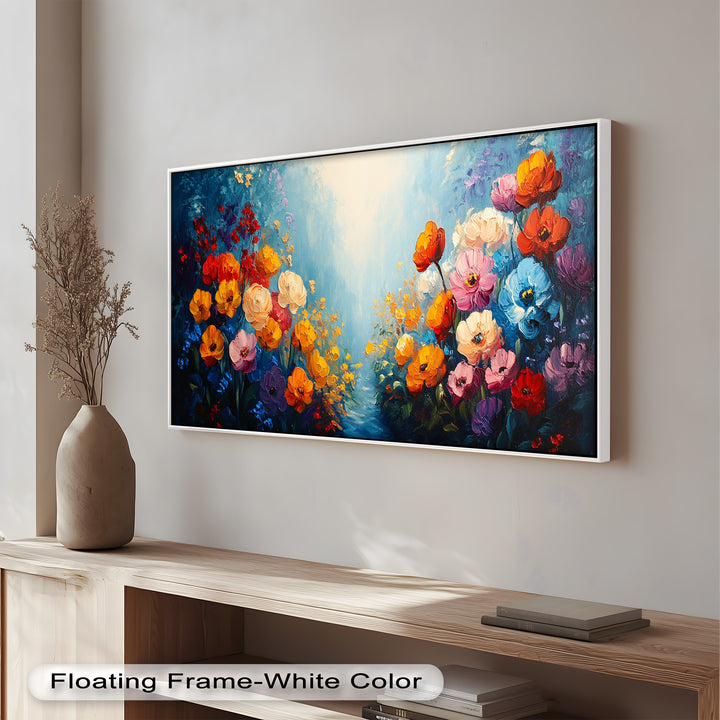 Multicolor Blossoms in Blue Radiance - Flower Oil Painting