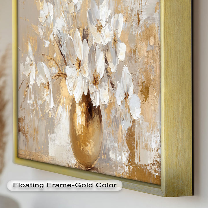 Goldene Vase mit weißen Blüten – Neutrales Blumenölgemälde