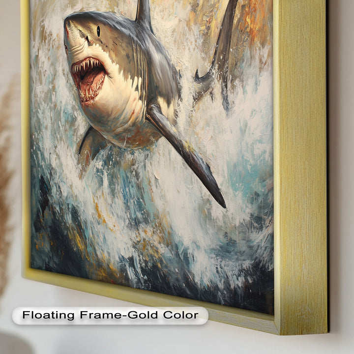 Ferocious Great White Shark Leaping Through Waves - Animal Oil Painting