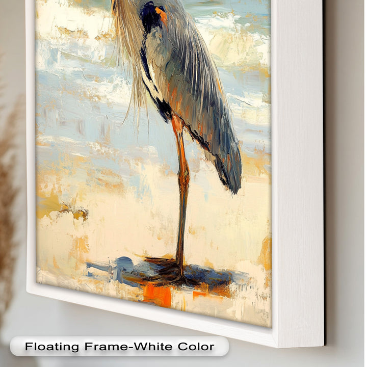 Elegant Heron Standing on Shoreline – Framed Oil Painting