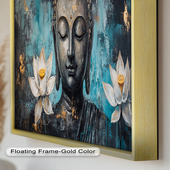Teal Buddha with Lotus Flowers – Religious Oil Painting