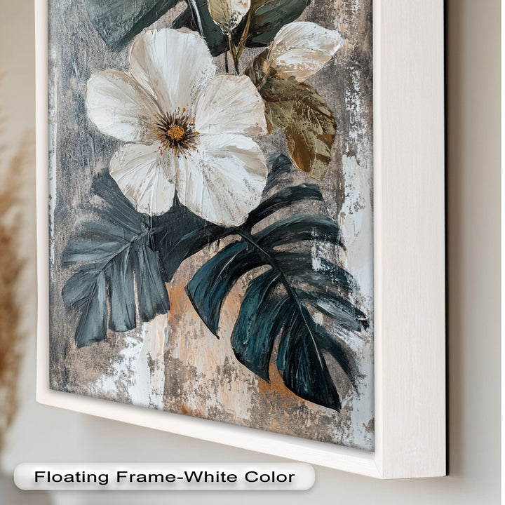 White Bloom and Tropical Leaves - Flower Oil Painting