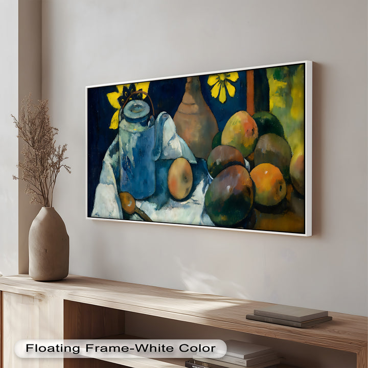 Rustikales Stillleben mit Mangos und Teekanne – Food Paintings