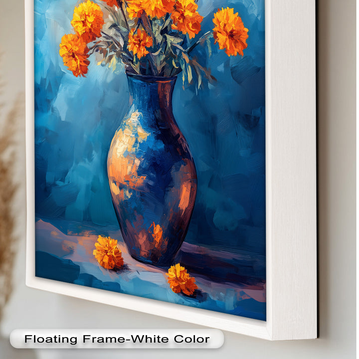 Golden Marigolds in Midnight Blue – Flower Oil Painting
