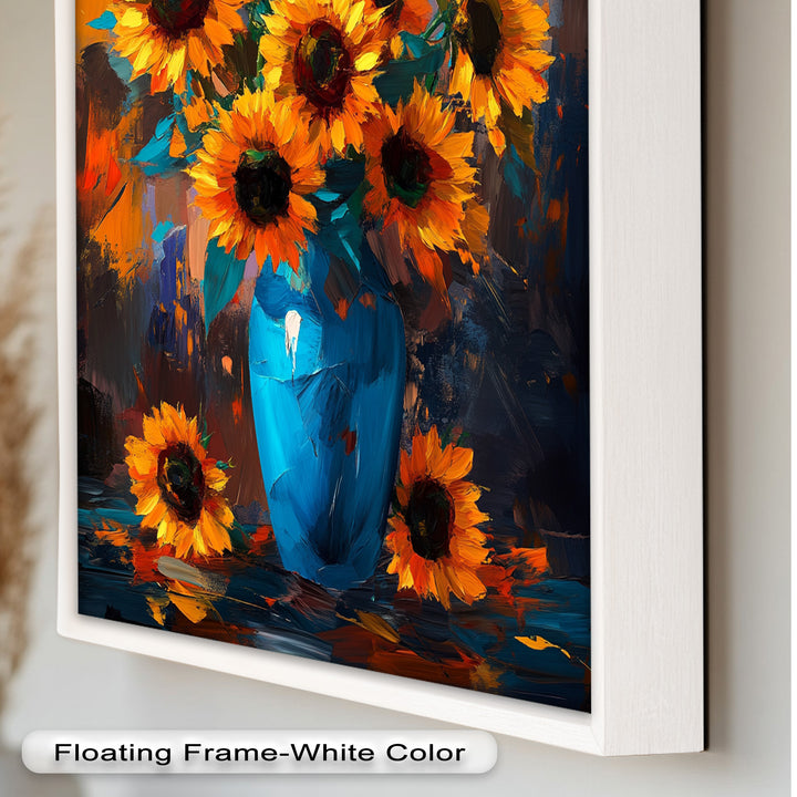 Sunlit Joy – Bold Sunflowers in Blue Vase Oil Painting