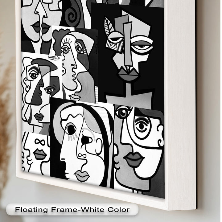 Monochrome Muse – Picasso-inspiriertes Ölgemälde mit kubistischen Gesichtern