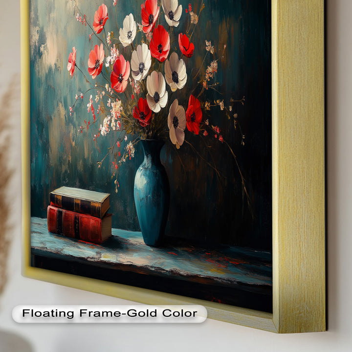 Vibrant Floral Vase with Books – Botanical Oil Paintings