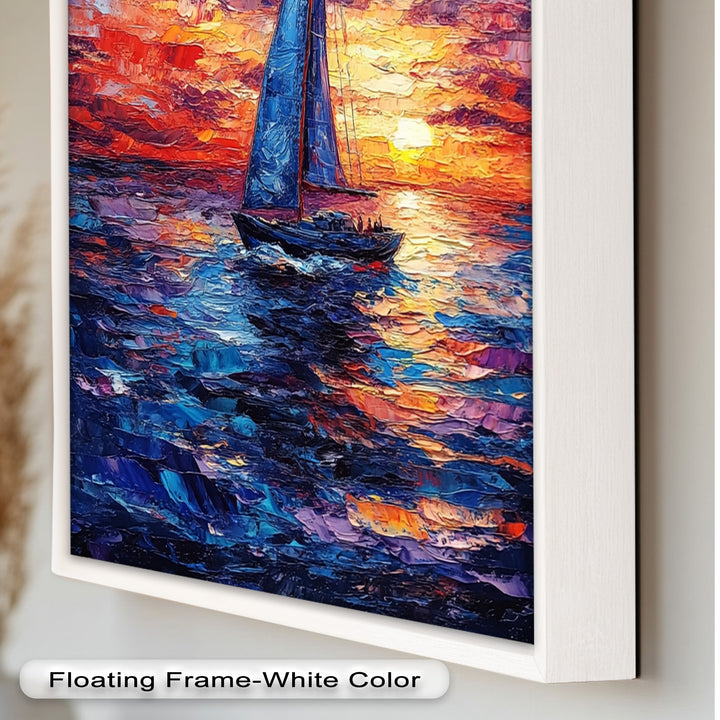 Crimson Horizon – Sunset Voyage Boat Oil Painting