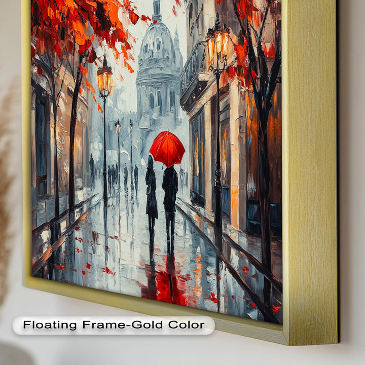 Lovers Walking with Red Umbrella - Love Oil Painting