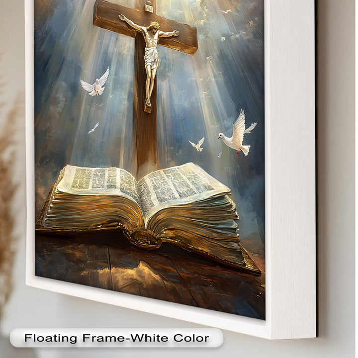 Jesus on the Cross with Open Bible and Doves - Oil Painting