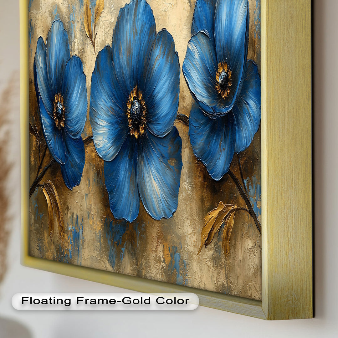 Golden Beige Elegance – Royal Blue Floral Trio Flower Oil Painting