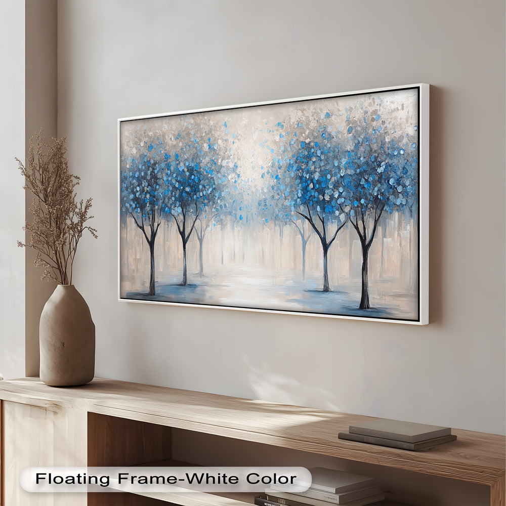 A calming row of trees with delicate blue blossoms, painted in a dreamy, minimalist palette of gray, white, and soft neutrals.


