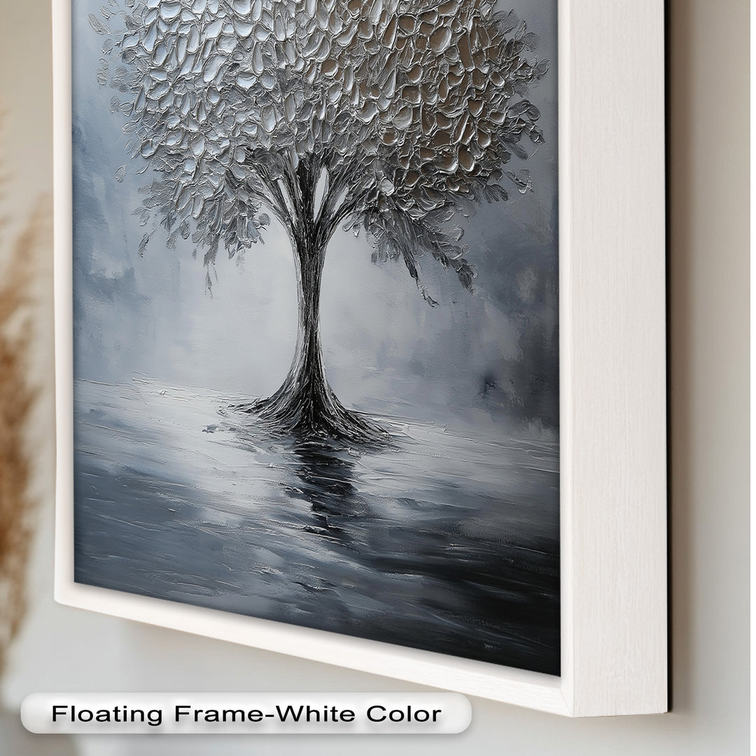 Silver Stillness – Tree in Monochrome Abstract Oil Painting