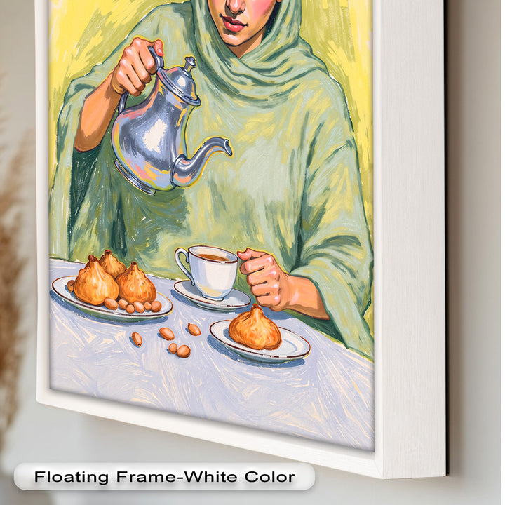 Woman Pouring Tea with Traditional Sweets - Food Painting