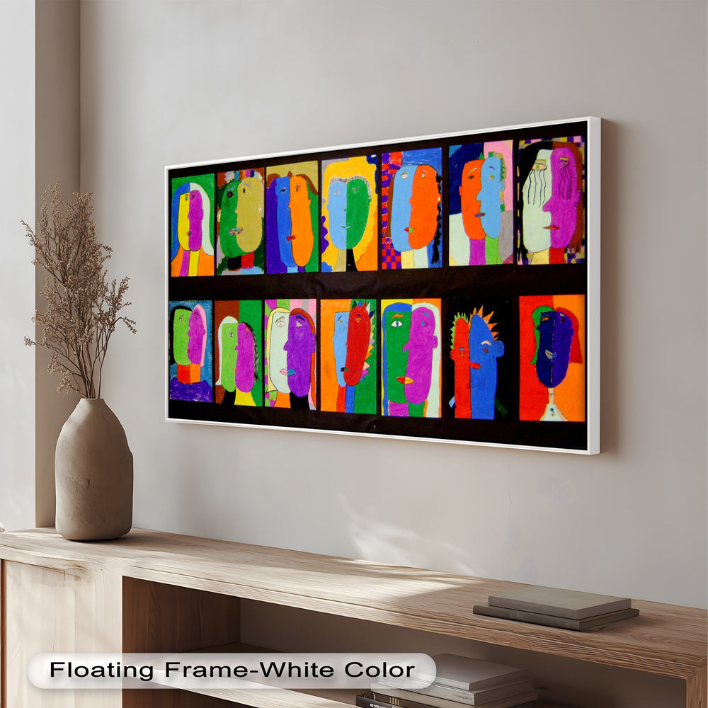 A colorful collection of cubist-style faces rendered in bright, contrasting hues, arranged in a dynamic horizontal layout.
