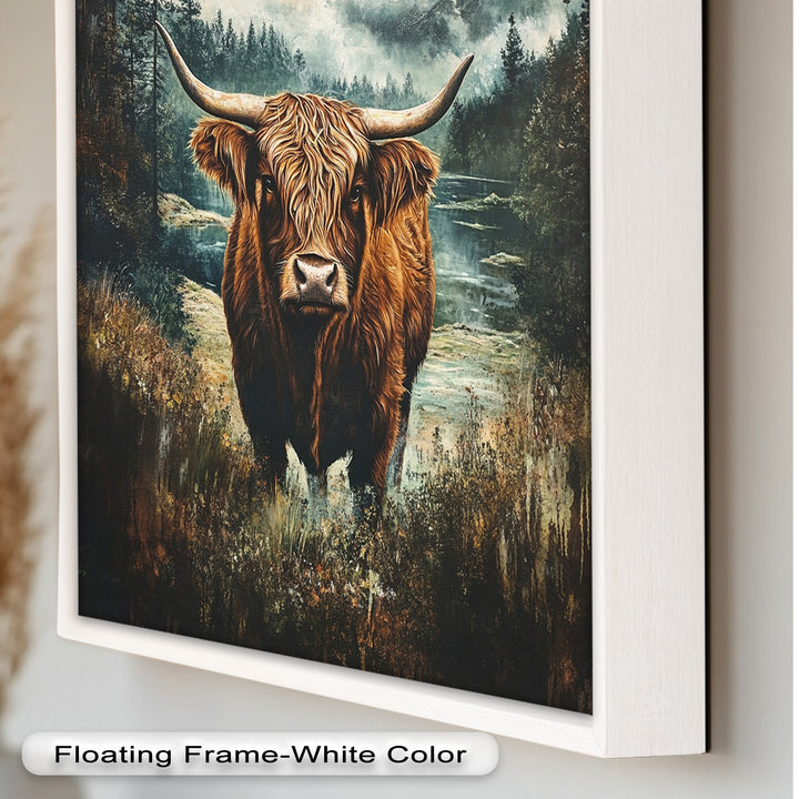 Highland Cow in Misty Pines – Wilderness Oil Painting
