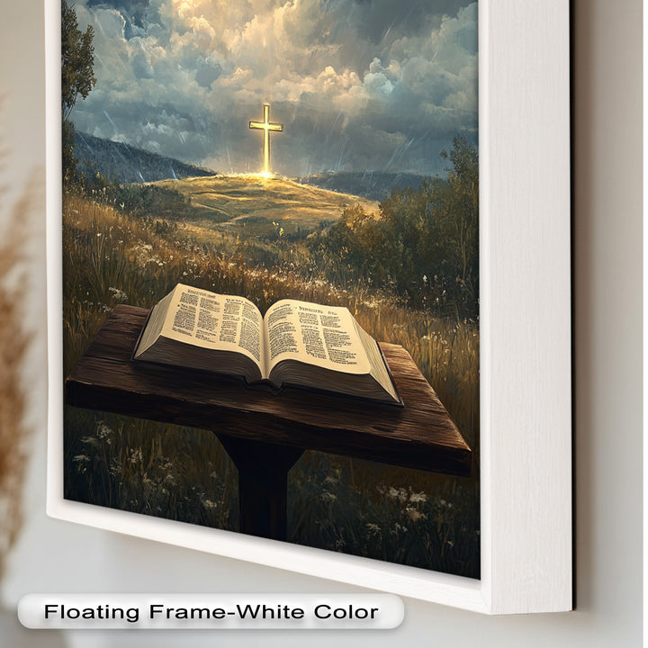 Göttliche Offenbarung – Bibel und leuchtendes Kreuz, christliches Ölgemälde
