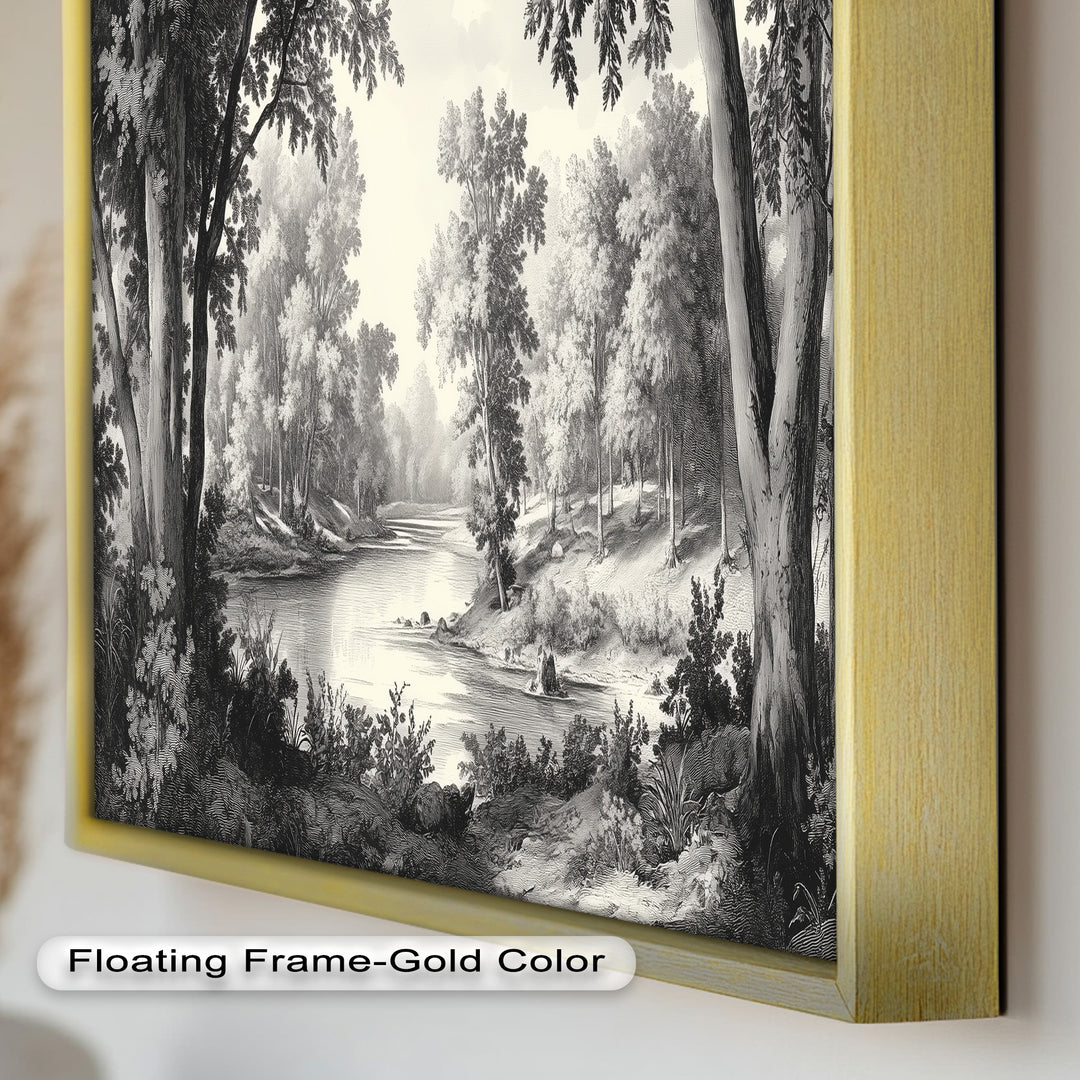 Zeitloser Waldfluss – Monochromes Landschaftsölgemälde