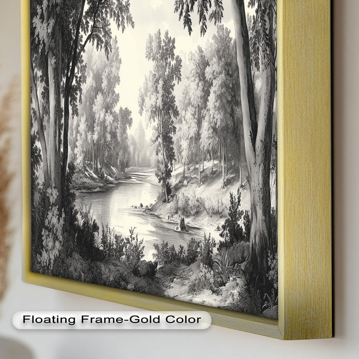 Zeitloser Waldfluss – Monochromes Landschaftsölgemälde