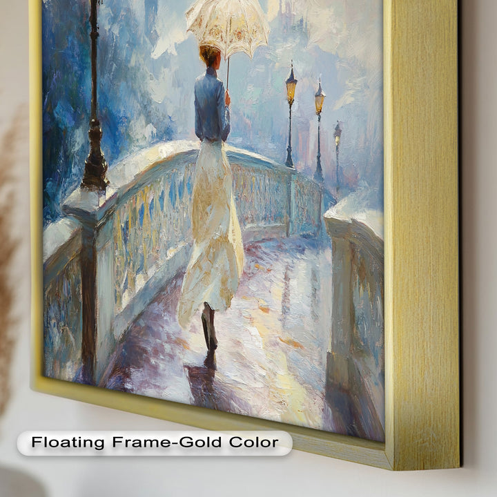Woman with Umbrella on Cobblestone Bridge – Oil Painting