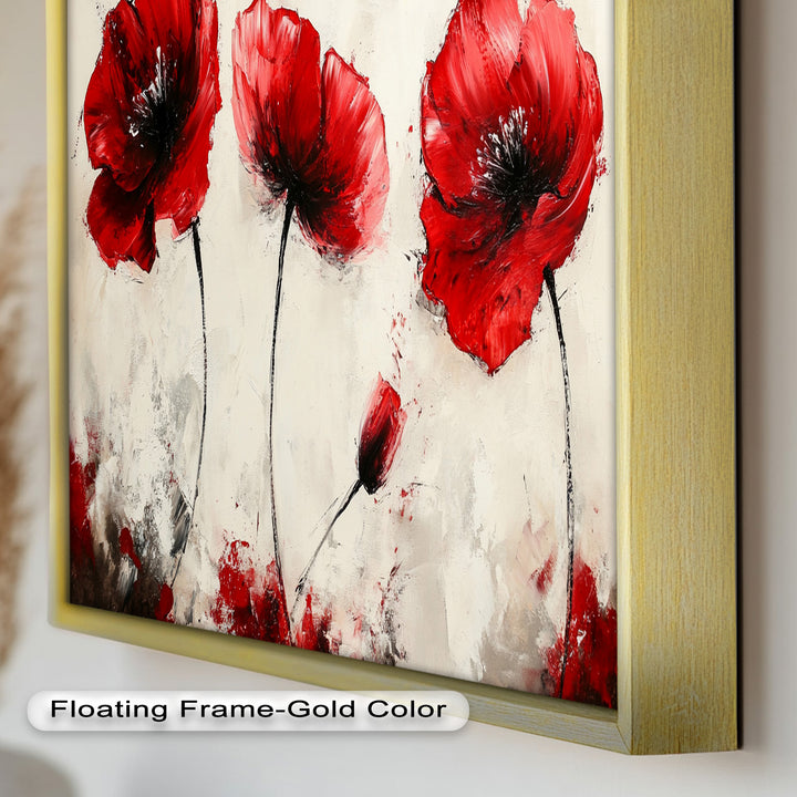 Crimson Elegance – Bold Red Poppies on Cream Flower Oil Painting