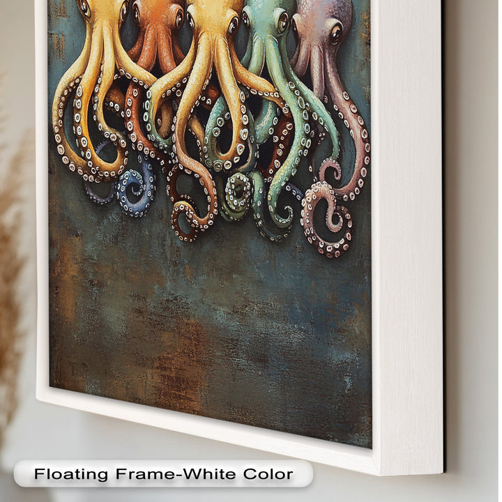 Whimsical Row of Octopuses – Colorful Sea Life Animal Oil Painting