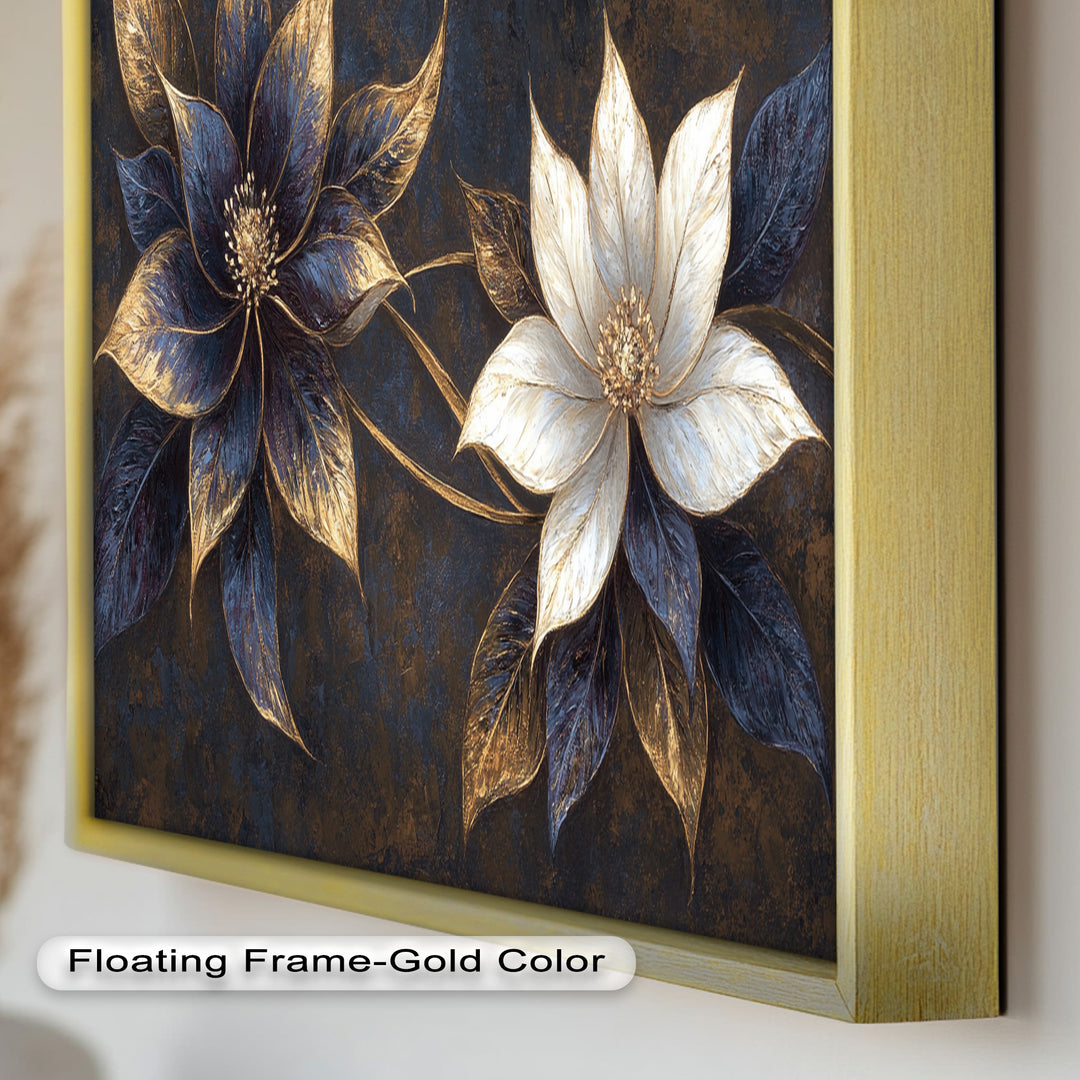 Blue Floral Stained Art – Botanical Oil Painting